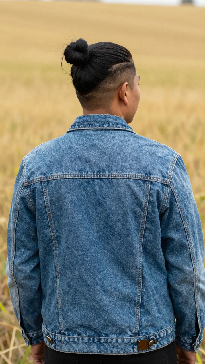 Back view of an Indigenous man with a man bun undercut standing in a sunlit golden field wearing a denim jacket