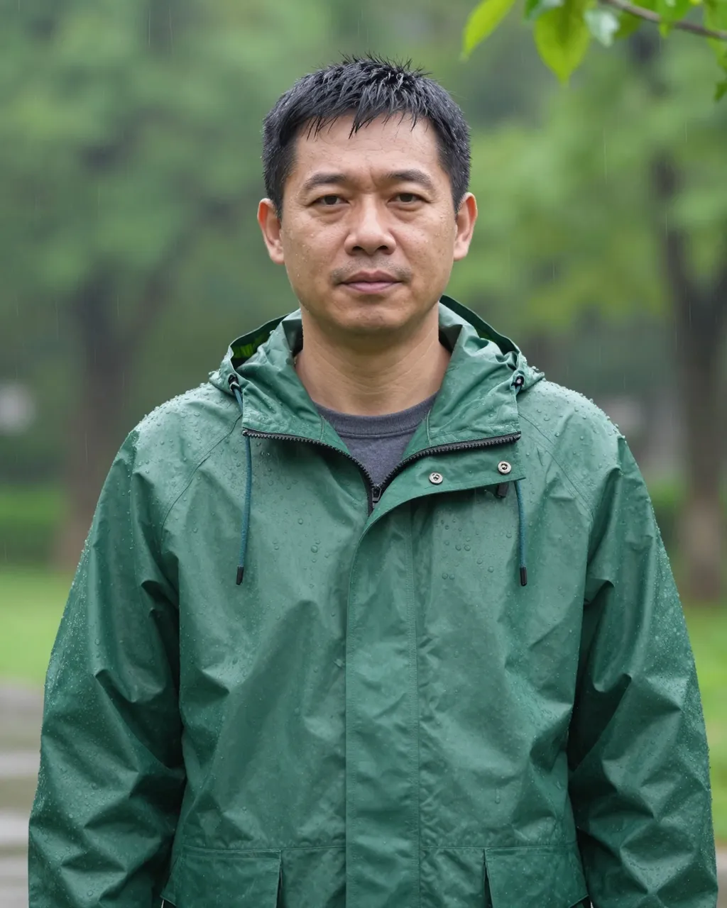 A middle-aged Southeast Asian man stands outdoors wearing a wet green raincoat during light rain