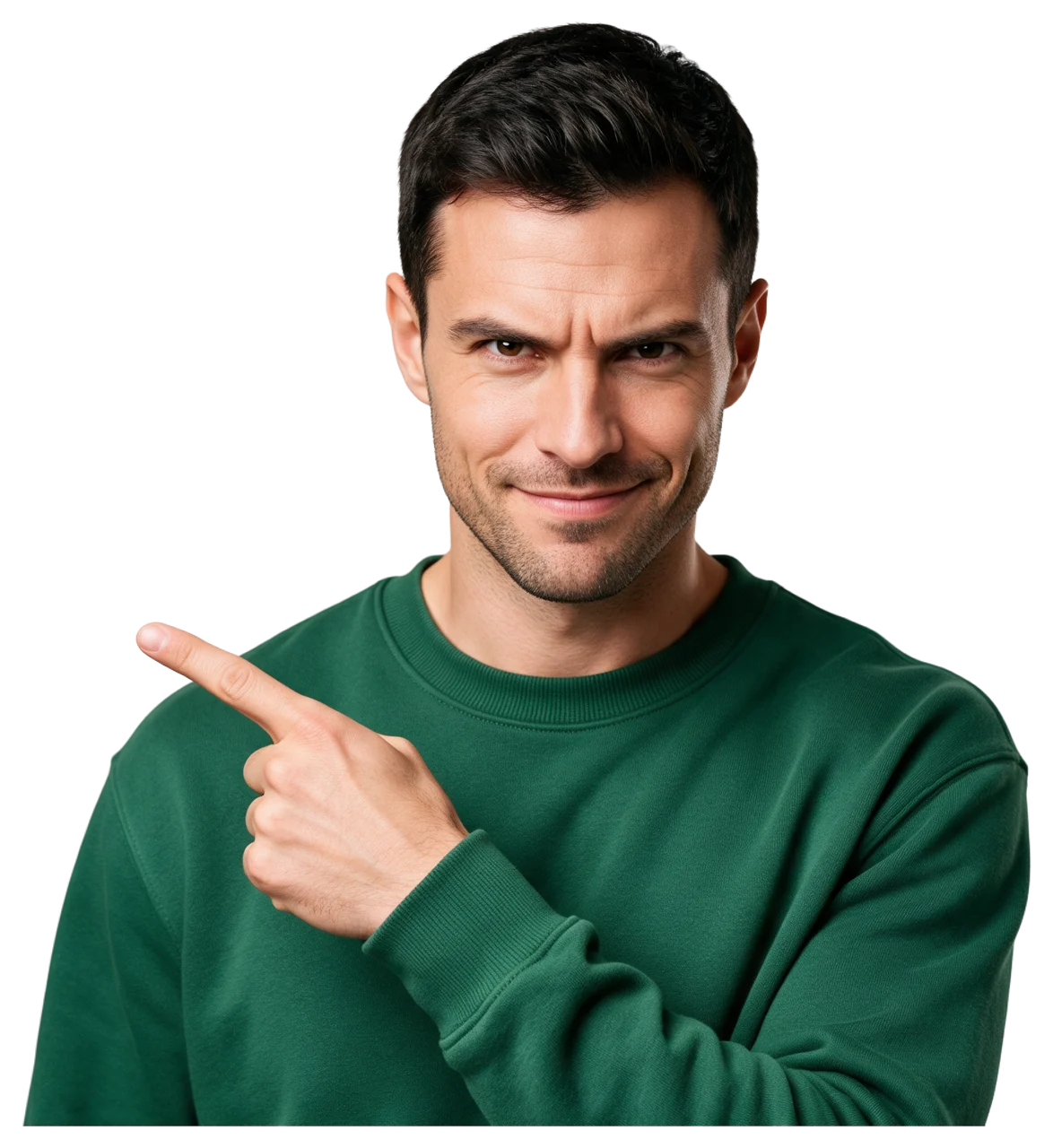 Waist-up shot of a man in a green crew sweatshirt pointing left while looking at the camera with a determined expression
