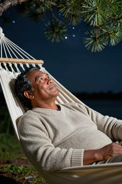 A Pacific Islander man in a knit sweater lies in a hammock looking up at stars through pine branches at night