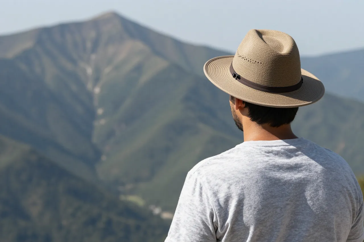 A man seen from behind wearing a straw hat looks out over a forested mountain range on a clear sunny day