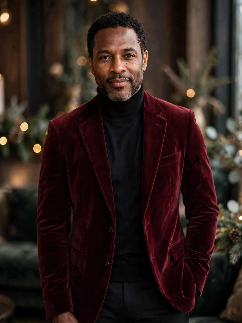 Middle aged Black man in a burgundy velvet blazer stands against a festive blurred indoor background