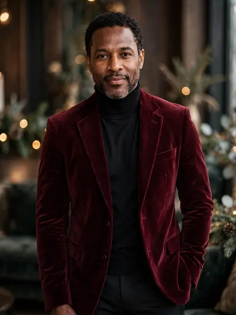 Middle aged Black man in a burgundy velvet blazer stands against a festive blurred indoor background