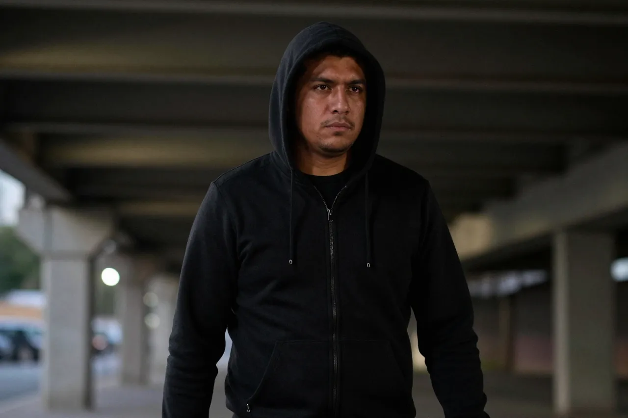 A Latino man in his late twenties wearing a hooded sweatshirt stands under a concrete overpass at night