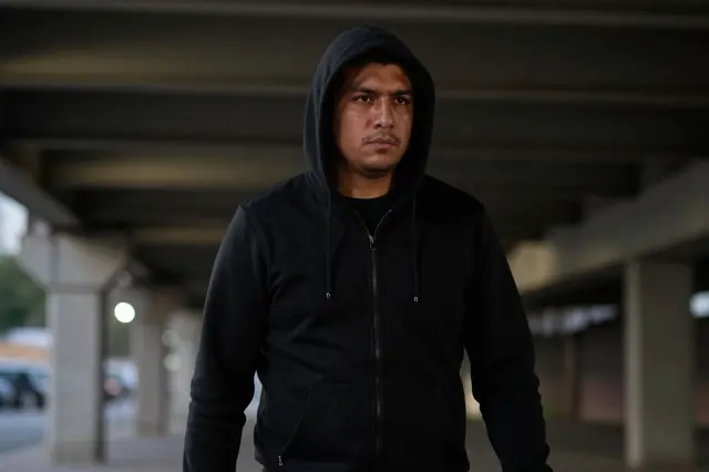 A Latino man in his late twenties wearing a hooded sweatshirt stands under a concrete overpass at night