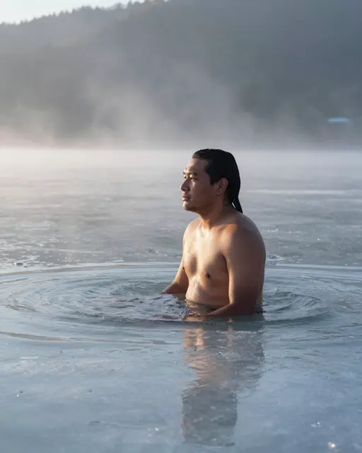 Side view of an adult man waist-deep in a misty icy lake at early dawn with forested hills in the background