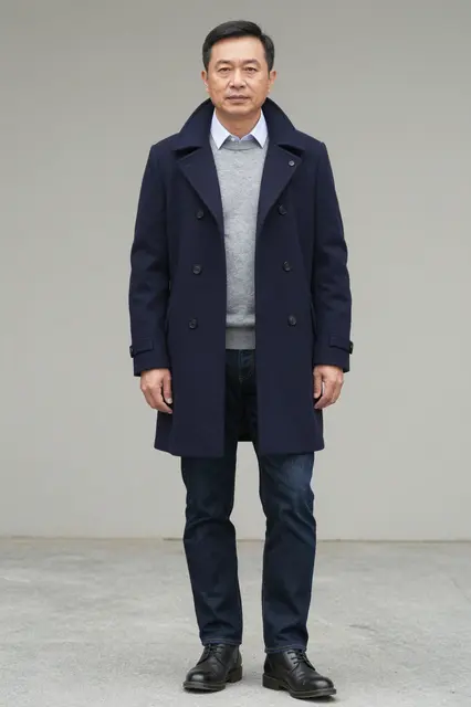 Full length portrait of a middle aged Southeast Asian man wearing a navy peacoat standing against a plain neutral background