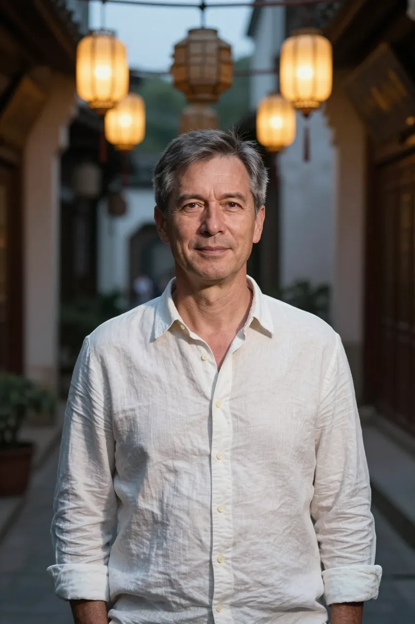 A middle aged man in a white linen shirt stands in a historic lane below glowing hanging lanterns at dusk