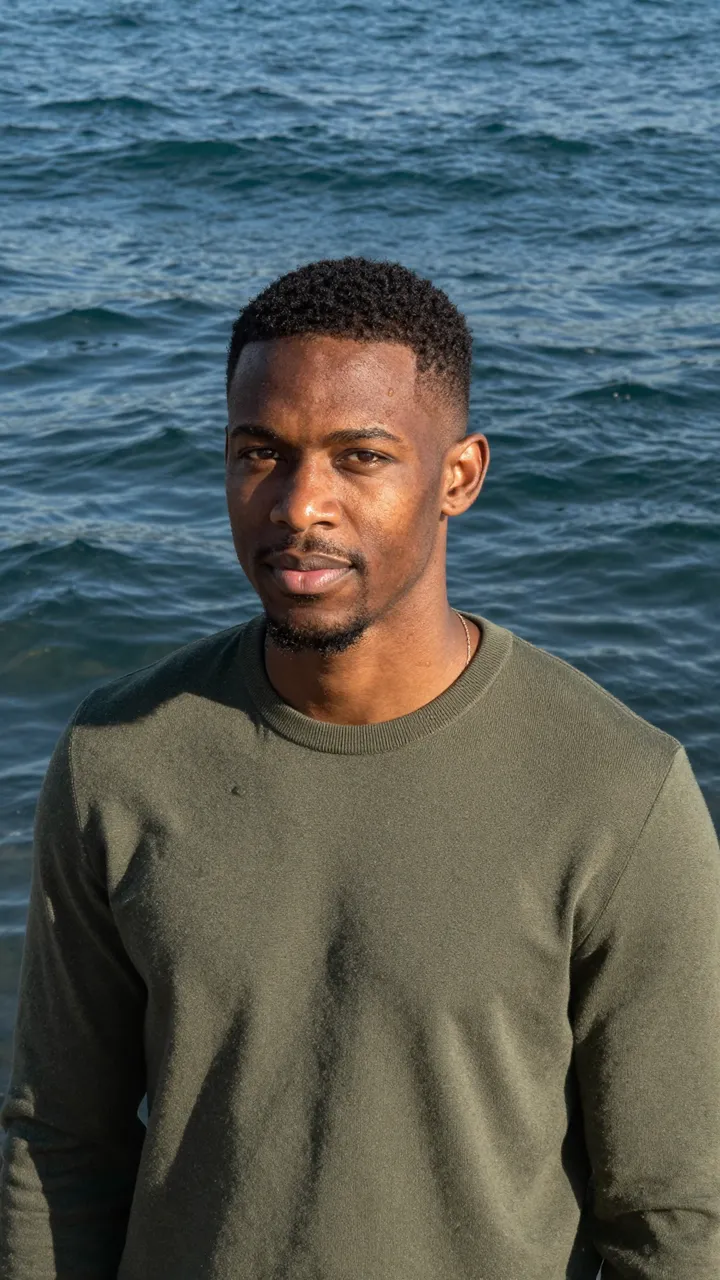 Portrait of a Black man in his thirties wearing an olive sweater standing in front of rippling blue water