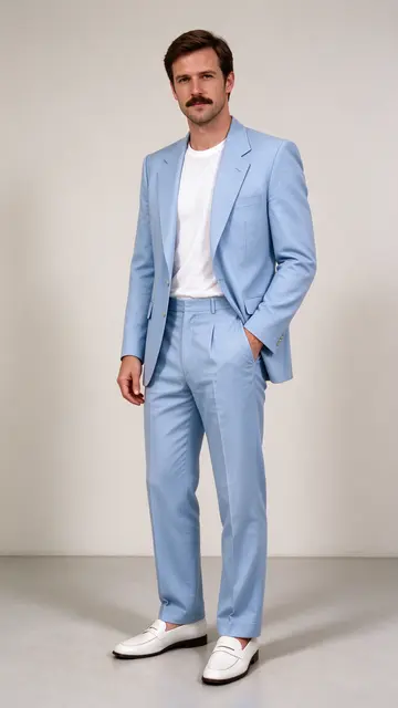 Man in his thirties stands in a pastel blue suit over a white tee with white loafers against a plain studio background