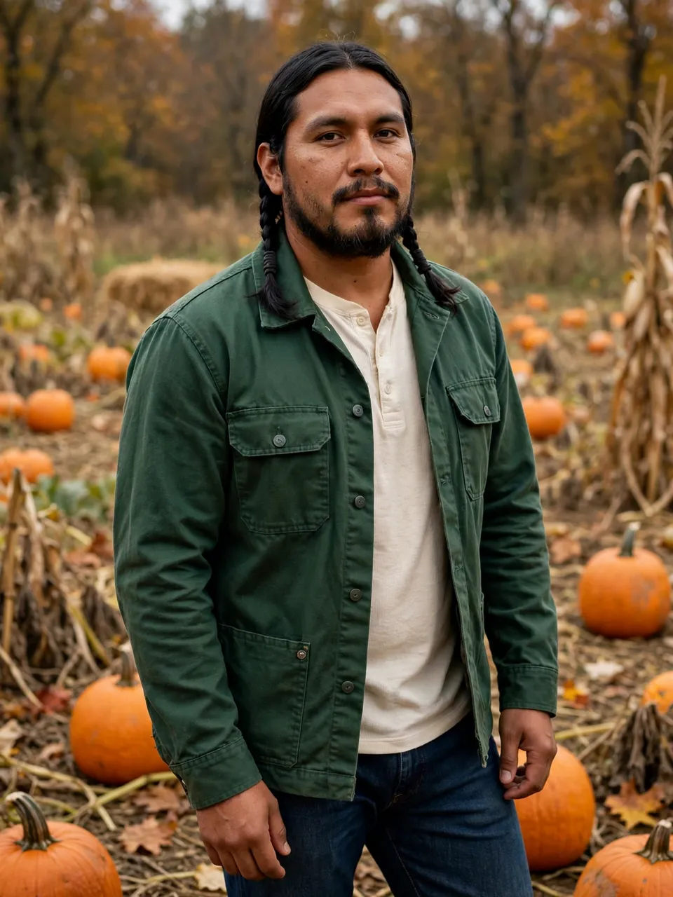 An Indigenous man in a green chore jacket stands in a fall pumpkin patch