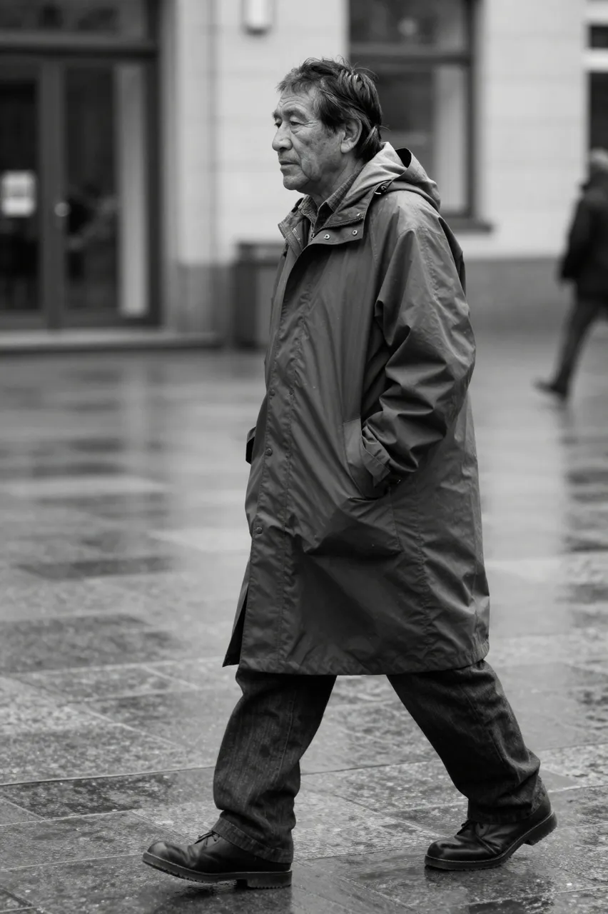 Black and white street photo of an older man in a long raincoat walking across a wet tiled plaza.