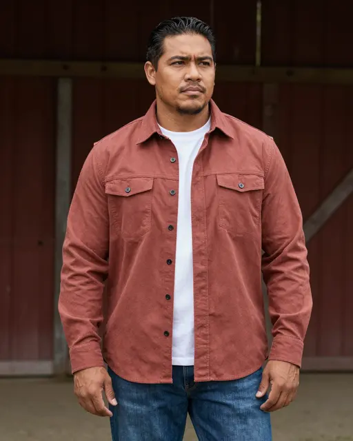 Thirtysomething Pacific Islander man in a rust overshirt stands in front of a red barn