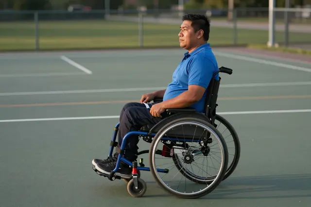 Side view of an Indigenous man in a sports wheelchair seated on an empty outdoor paved court at dusk