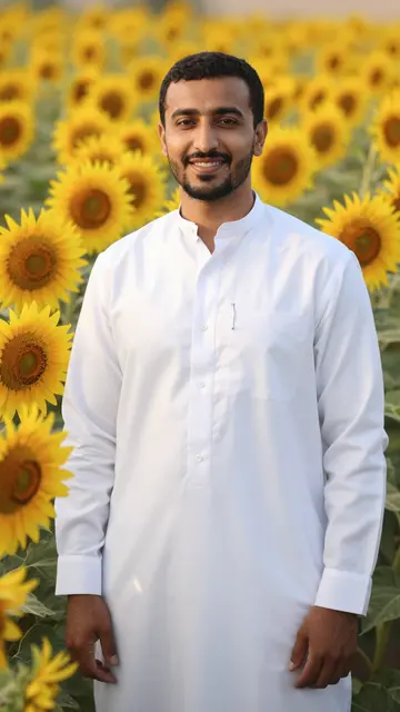 Smiling Middle Eastern man in a white tunic stands in a sunflower field at golden hour
