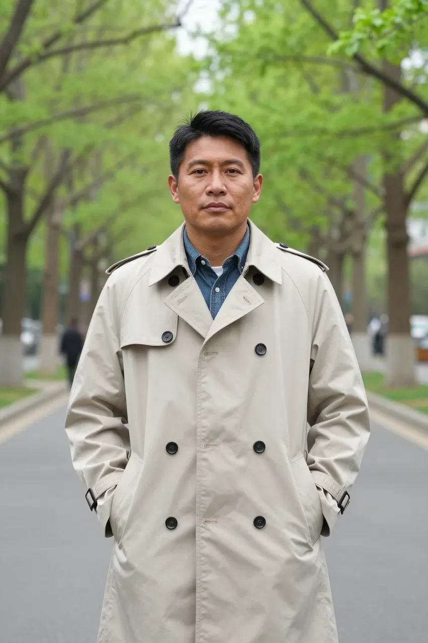 A middle aged East Asian man in a light beige trench coat stands on a spring tree lined park road with hands in pockets
