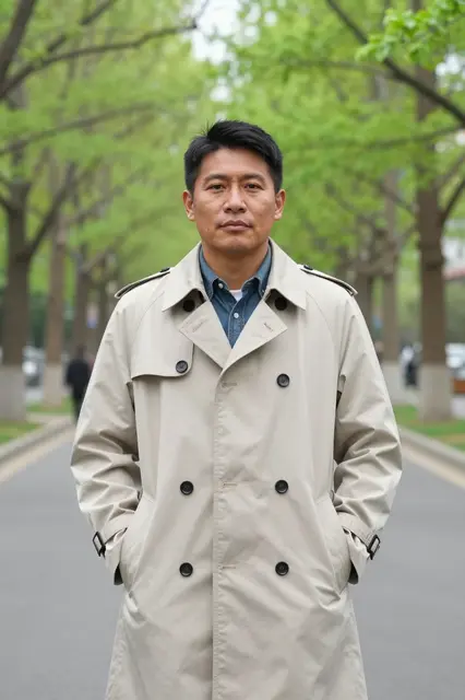 A middle aged East Asian man in a light beige trench coat stands on a spring tree lined park road with hands in pockets