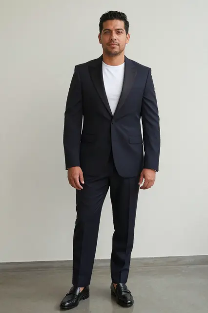 Latino man in his thirties stands wearing a tuxedo jacket over a white t-shirt and loafers