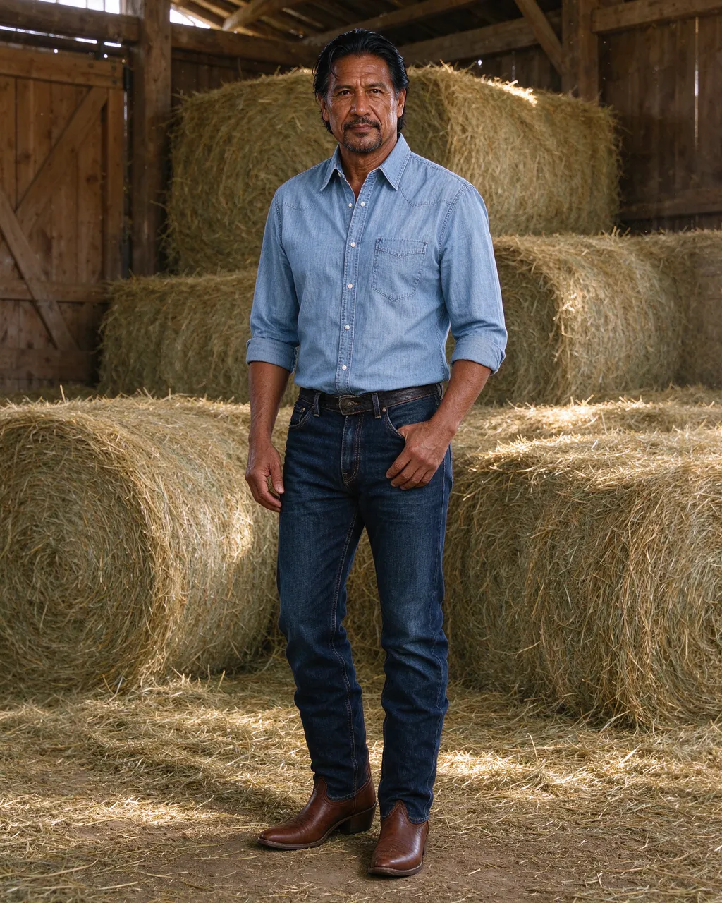 A middle-aged Indigenous man in western wear stands among hay bales inside a wooden barn
