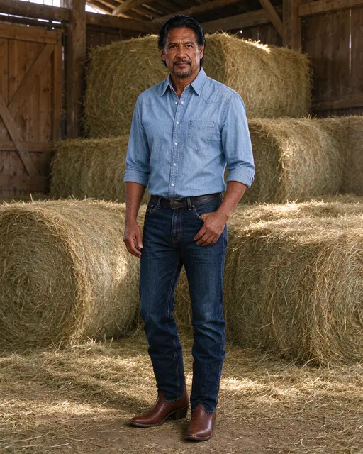 A middle-aged Indigenous man in western wear stands among hay bales inside a wooden barn