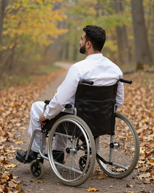 Back view of a bearded Middle Eastern man in a wheelchair pausing on a leaf-strewn autumn forest path