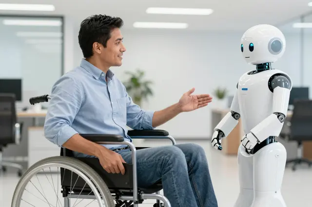 A Latino man in a wheelchair converses with a friendly white service robot in a bright modern office.