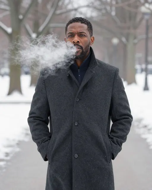 Middle aged Black man in a charcoal wool coat stands on a snowy park path with visible cold breath