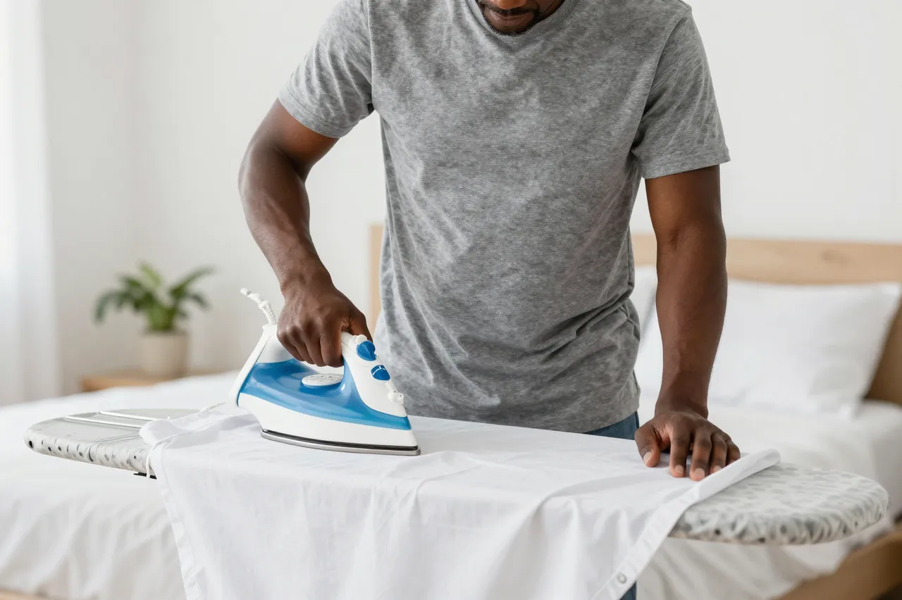 A Black man in a gray t-shirt irons a white shirt on an ironing board in a bright bedroom.