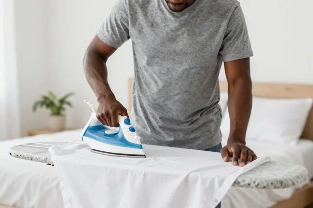 A Black man in a gray t-shirt irons a white shirt on an ironing board in a bright bedroom.