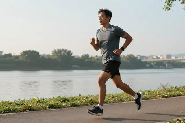 An adult man runs on a paved riverside path in soft morning light