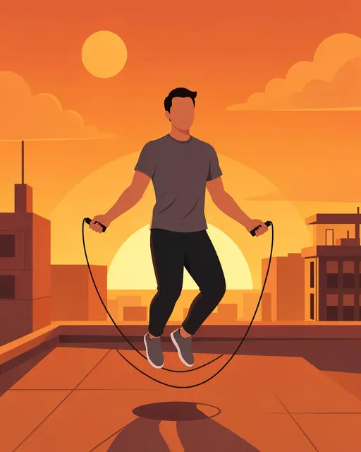 Faceless man jumps rope on a city rooftop during a warm orange sunset.