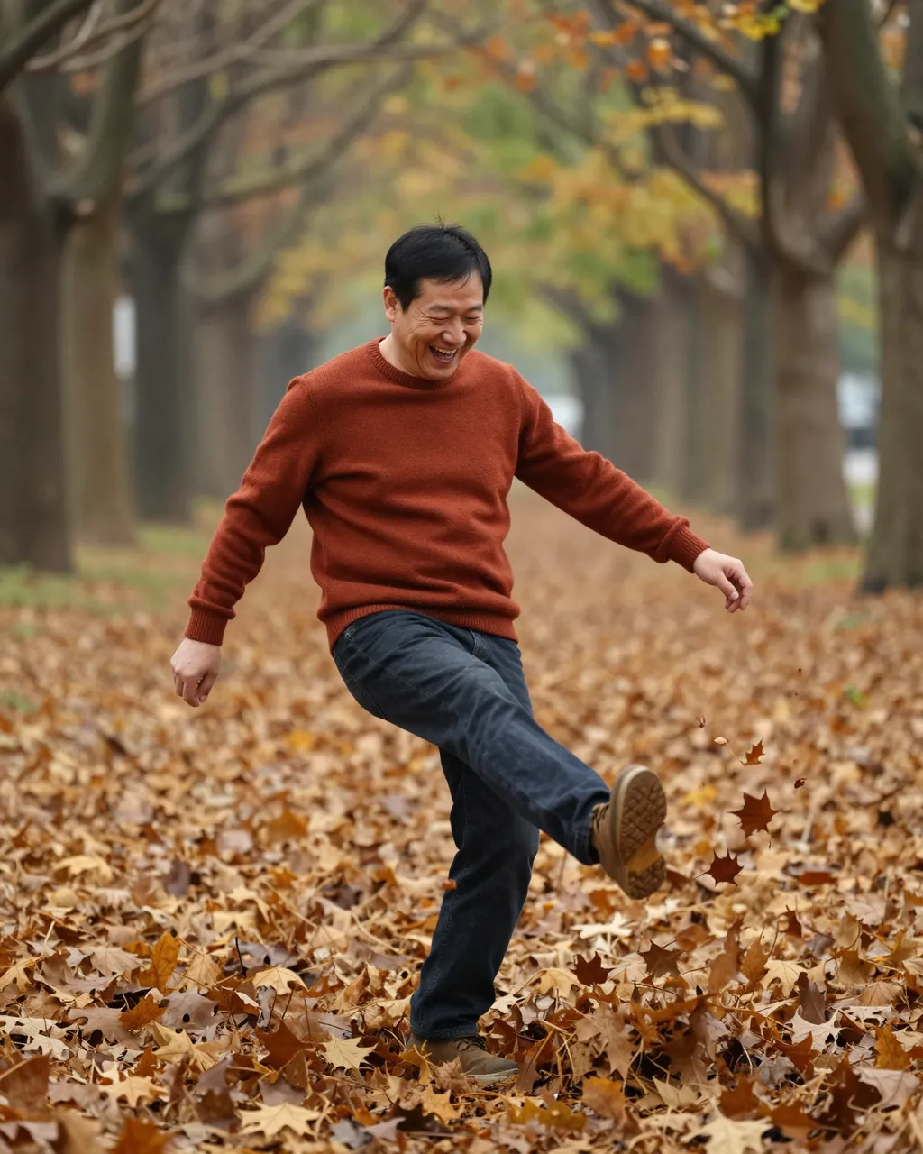 Laughing middle aged Southeast Asian man kicks through fallen autumn leaves on a tree lined park avenue