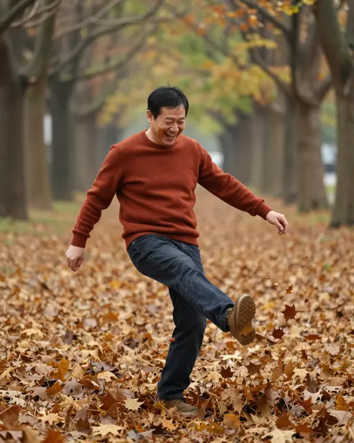 Laughing middle aged Southeast Asian man kicks through fallen autumn leaves on a tree lined park avenue