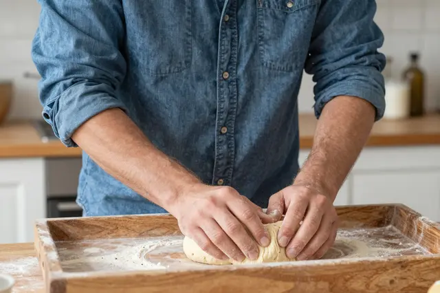 A man in a denim shirt kneads dough in a wooden tray in a bright kitchen