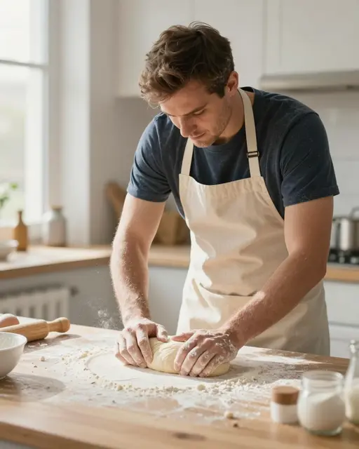 A man in an apron kneads bread dough on a floured wooden kitchen counter in bright natural light.