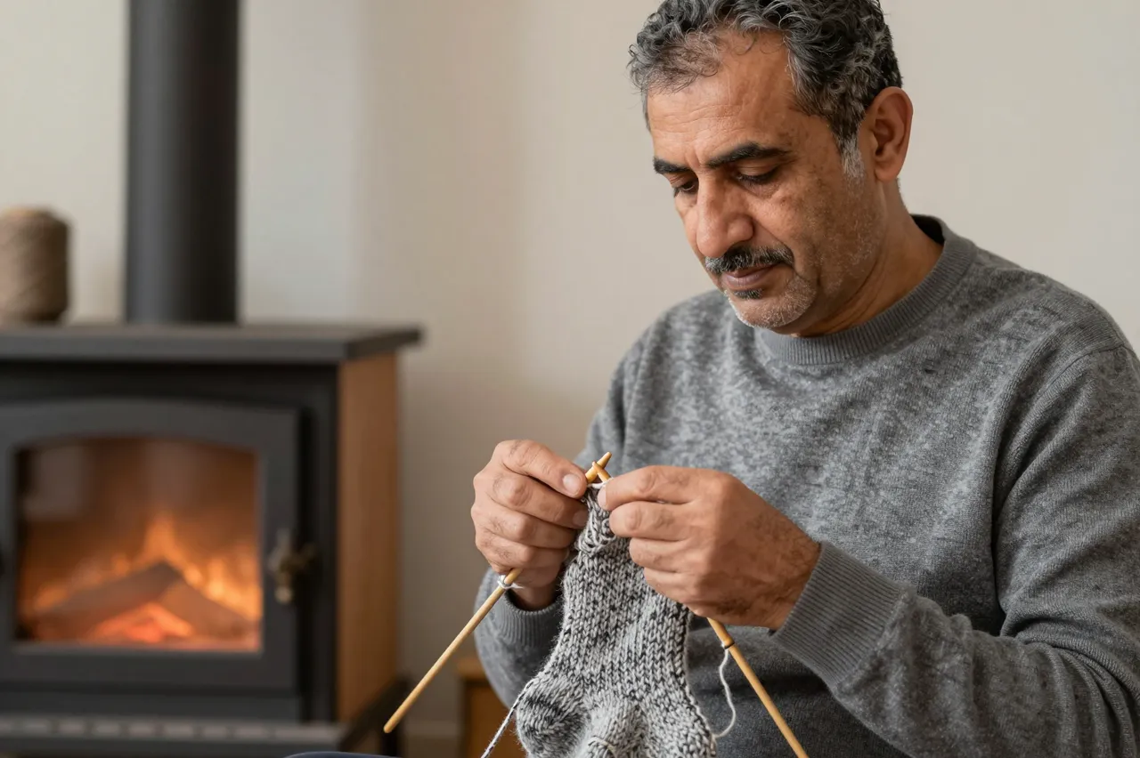 Middle Eastern man in a gray sweater knits wool socks next to a burning wood stove