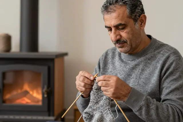 Middle Eastern man in a gray sweater knits wool socks next to a burning wood stove