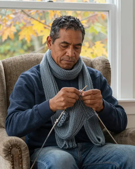 Middle aged man sits in an armchair knitting a wool scarf next to a window with autumn foliage outside