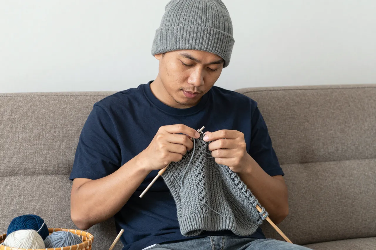 A Southeast Asian man in his thirties knits gray fabric while seated on a brown sofa, with a yarn basket beside him.