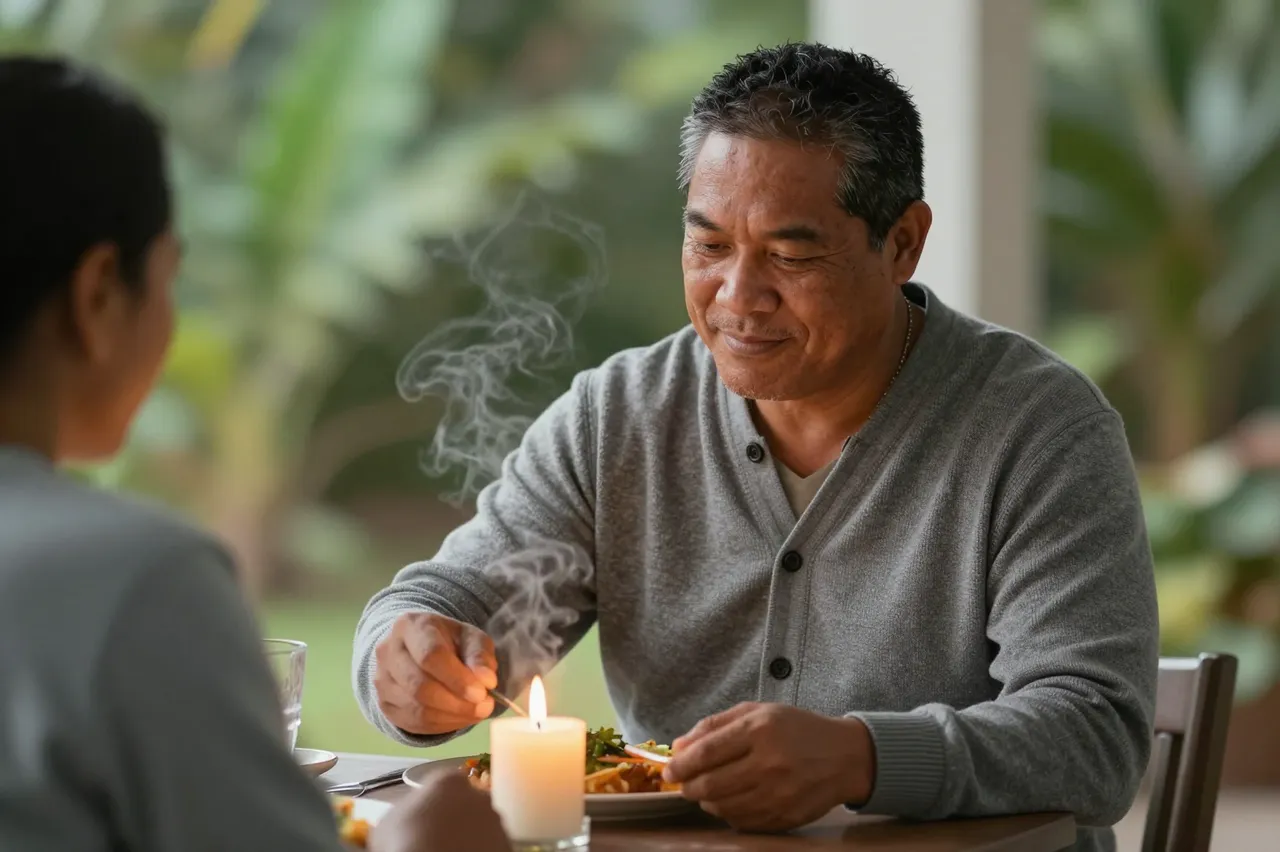 A Pacific Islander man lights a candle at an outdoor patio dinner table set for two with steaming food.