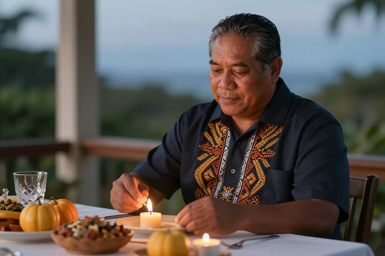 Pacific Islander man in his fifties lights a taper candle on a dusk outdoor Thanksgiving dining table