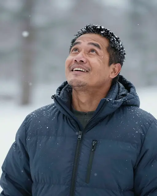 Pacific Islander man in a puffer jacket smiles while looking up at falling snow in a winter landscape