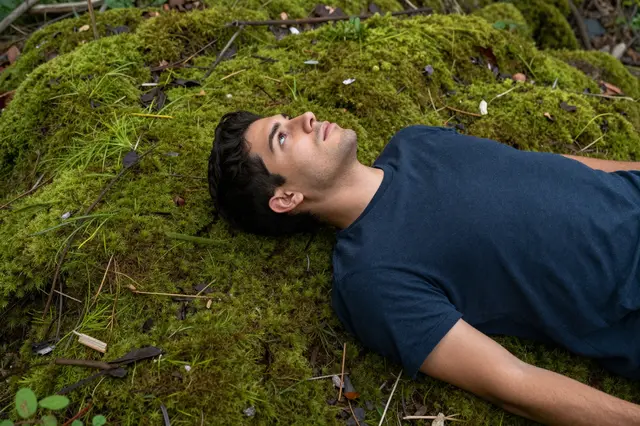 Young man lies on thick green forest moss looking up toward the tree canopy above