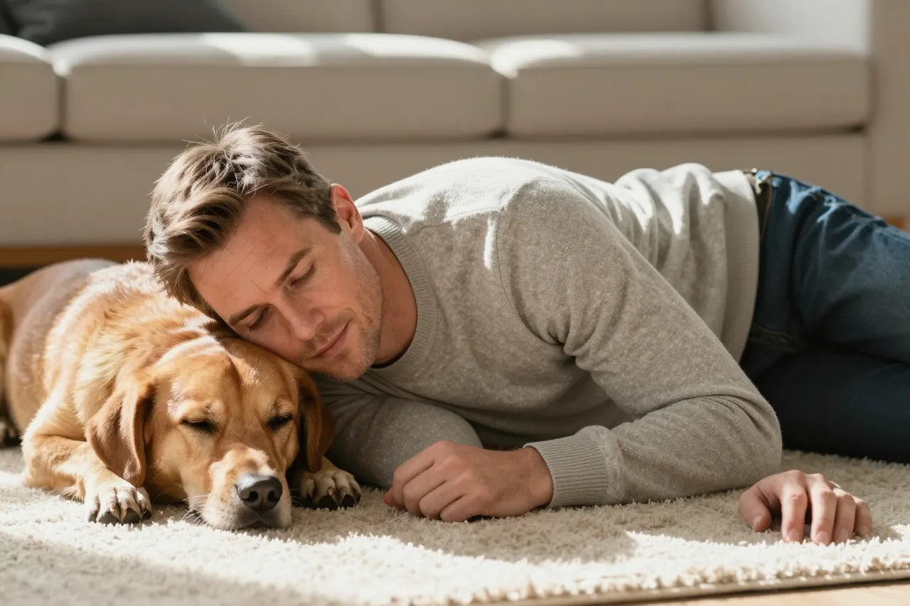 A man in a gray sweater rests his head against a sleeping golden retriever on a sunlit living room rug