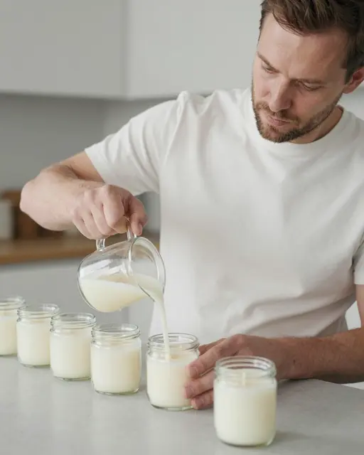 A man in a plain white t-shirt pours melted wax into glass jars while candle making at a kitchen counter.