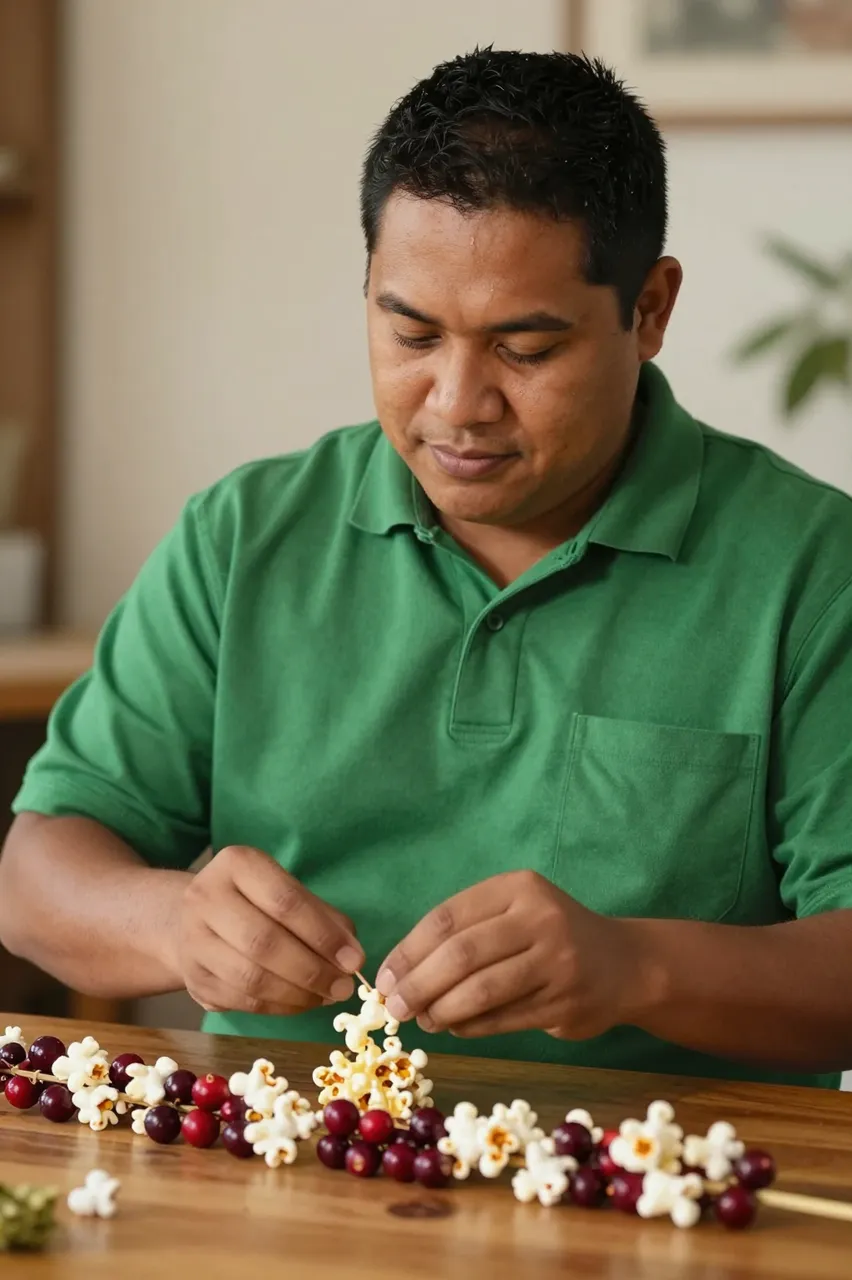 Man threads a homemade popcorn and cranberry garland while seated at a wooden table in warm indoor light