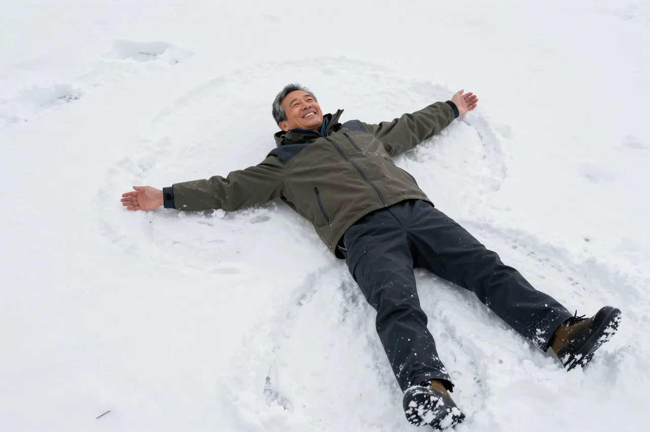 Overhead view of a smiling older man lying on fresh snow making a snow angel