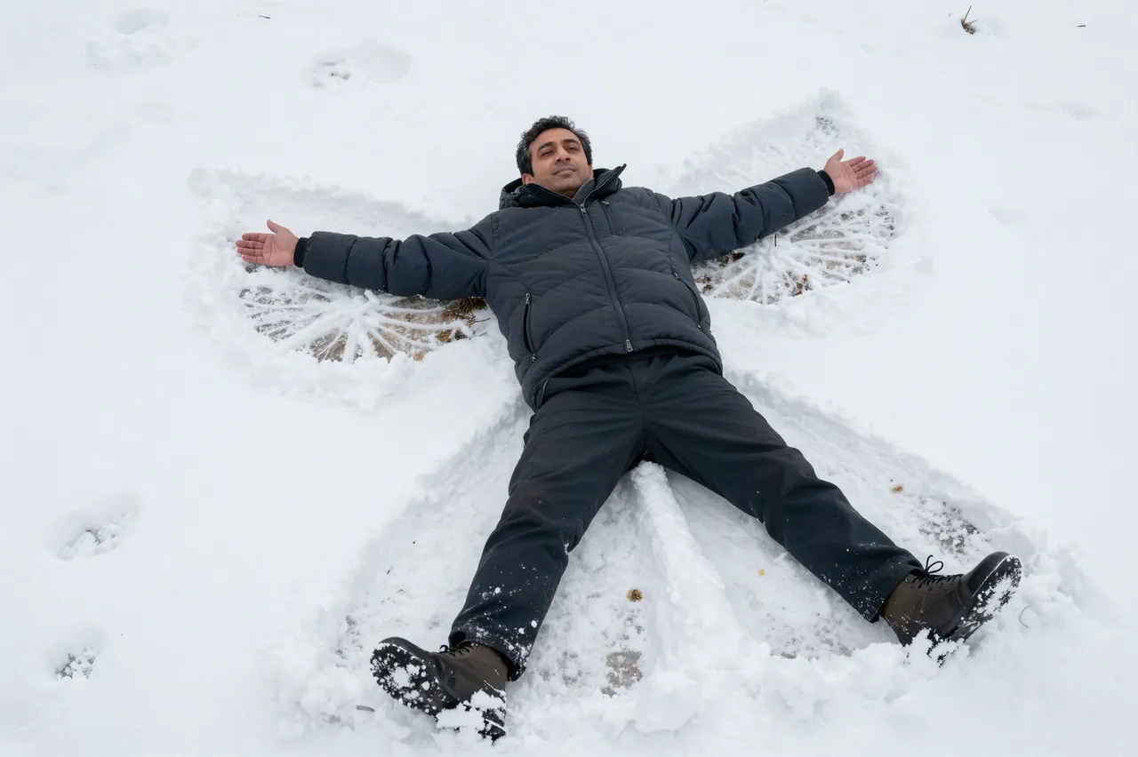 Overhead view of a middle aged man in a puffer jacket lying in fresh snow forming a snow angel