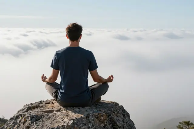 Seen from behind, an adult man sits cross-legged in meditation on a rocky peak above a thick sea of clouds