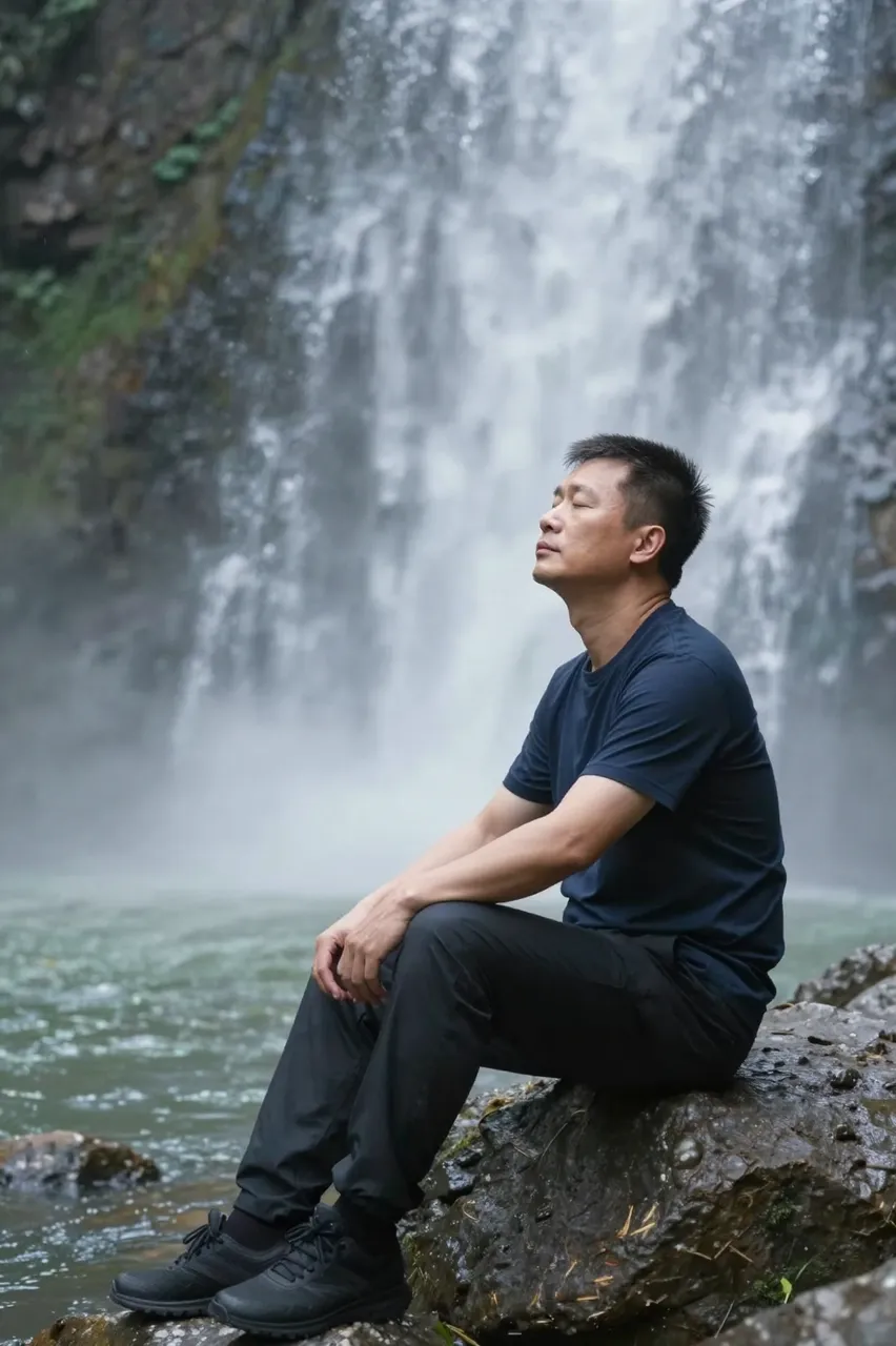 East Asian man in his forties sits on a rock with eyes closed next to a misty cascading waterfall